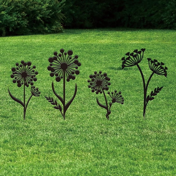 4Pcs Dandelion Metal Garden Decor Flower Outdoor Garden Ornament Black Silhouette Outdoor Decor Plant Yard Stakes Decorative Metal Wall Art Lawn Patio Gift