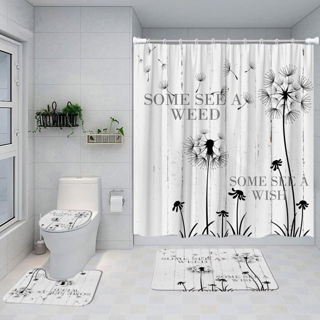 4Pcs Dandelion Shower Curtain Flower Petal Farm Watercolor Wood Panel