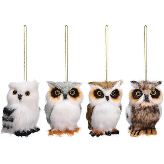 4Pcs Decor for Living Room, Plush Keychain, Small Soft Cute Faux Fur Hanging Owl Ornament with Feathers for Christmas, Halloween, Thanksgiving, Multicolor