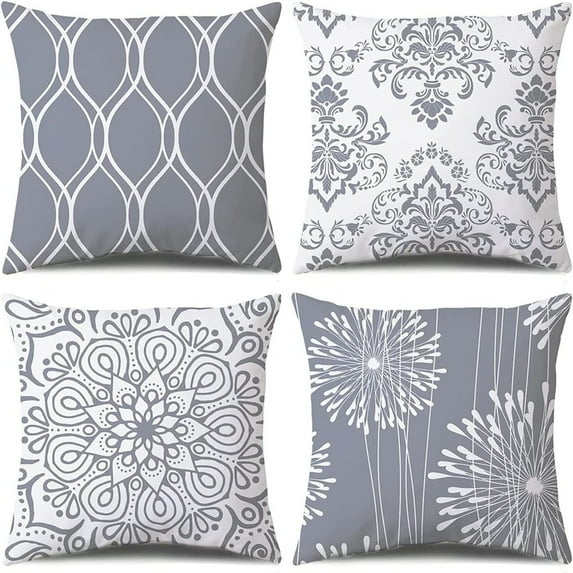 4Pcs Decorative Throw Pillow Covers 18x18 Set of 4, Grey and White Modern Simple Square Pillow Case Cushion Cover for Sofa Couch Farmhouse Outdoor Living Room Gray and White, 18" x18"