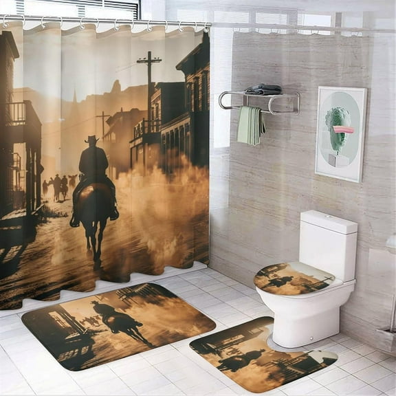 4Pcs Desert Cowboy Shower Curtain Set with Rugs, Toilet Lid Cover and Bath Mat, Tropical Rustic Western Horse Bathroom Curtains Decor Shower Curtains, 72" x 72"
