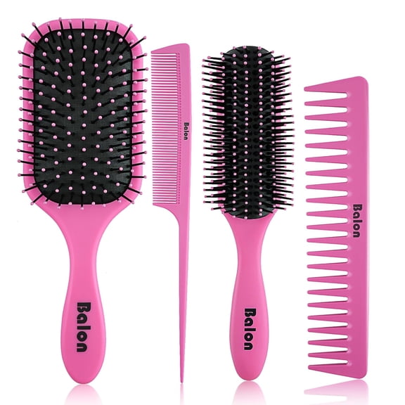 4Pcs Detangling Brush Set for Women - Paddle Brush for Wet or Dry Straight, Long, Thick, Curly, Natural Hair, No More Tangles (Pink)
