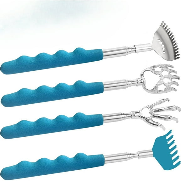 4Pcs Different Back Scratcher Extendable Back Massager Tool with Rubber Handles, Metal Portable Telescoping Back Scratcher, Stocking Stuffers for Men Women Kids Adults