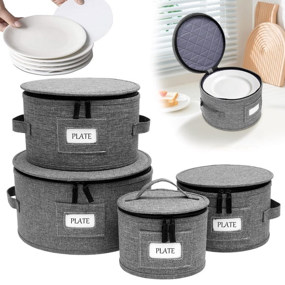 4Pcs Dinner Plate Storage Containers Set Moving Boxes for Dinnerware Glasses Plates Mugs and Saucers Sturdy Quilted Microfiber Dish Organizer with Dividers for Seasonal Storage