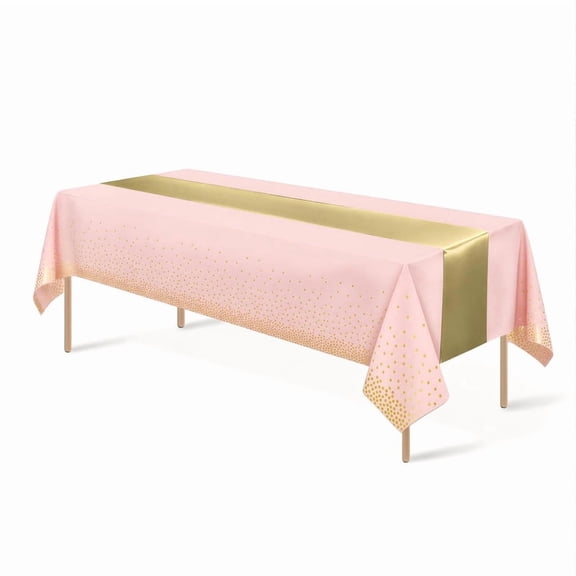 4Pcs Disposable Plastic Tablecloth And 4Pcs Satin Table Runner Set Black Gold Dot For Wedding Rose Pink