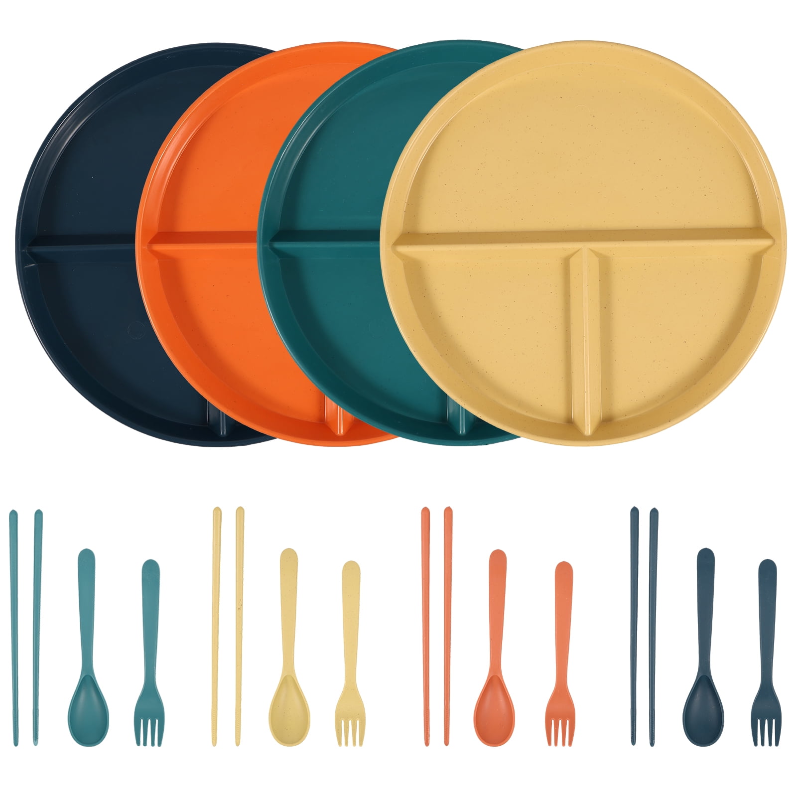 4Pcs Divided Dinner Plates Set with Tableware 3 Compartment Unbreakable Portion Control Dinner