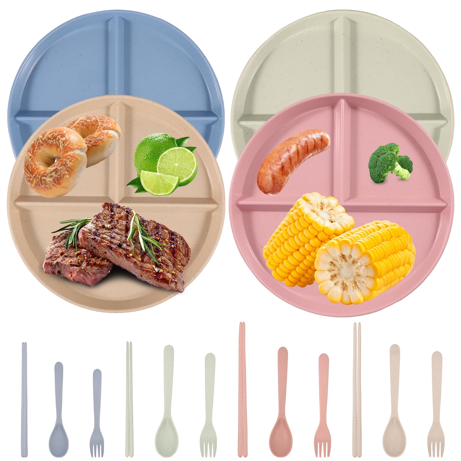 4Pcs Divided Dinner Plates Set with Tableware 3 Compartment Unbreakable Portion Control Dinner
