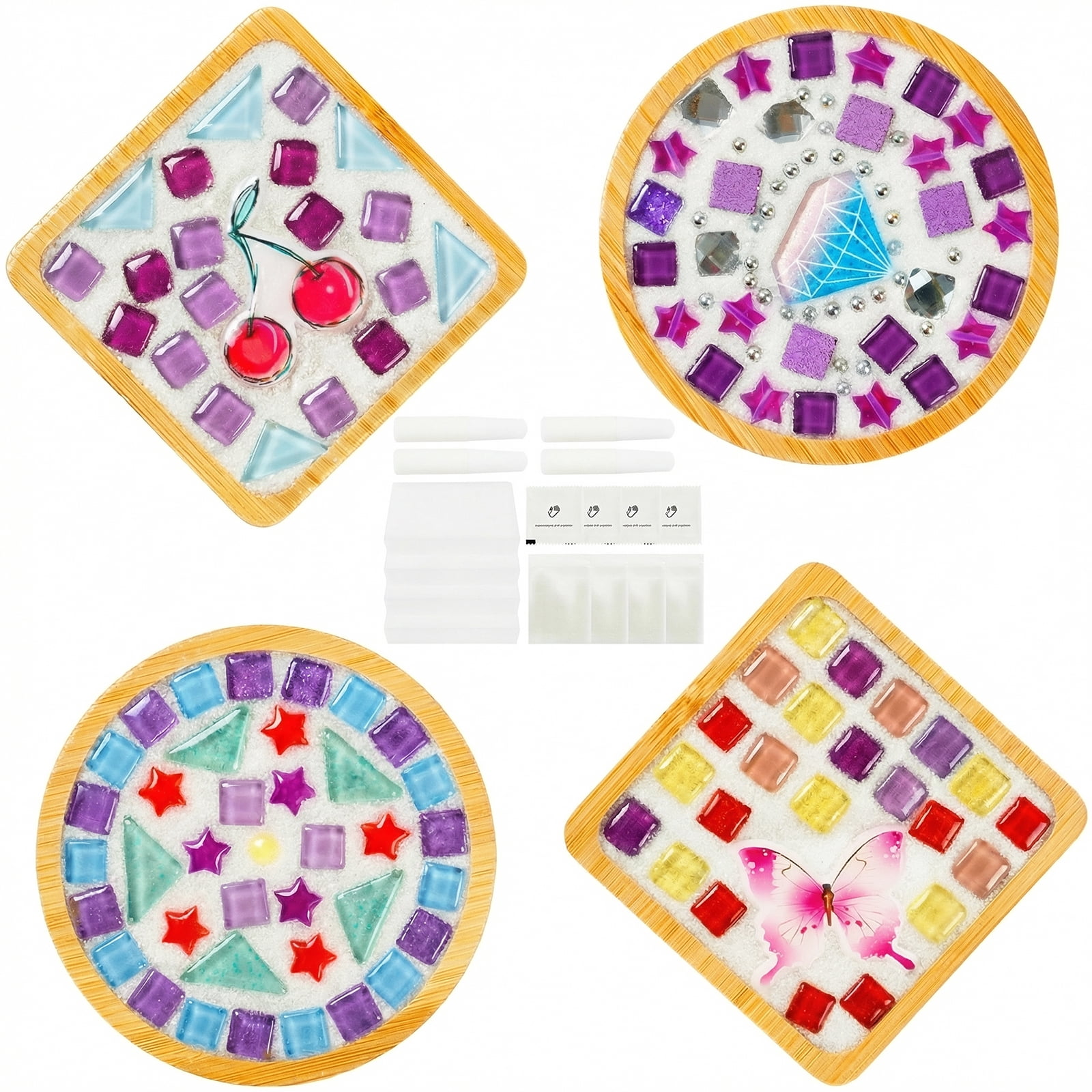 4Pcs DlY Mosaic Tile for Craft Mixed Color Glass Tile Kit with Bamboo Cup Pad for Adult DlY Cup Pad Kit Mosaic Supply for Handmade Home Decoration Present (Square and Round)