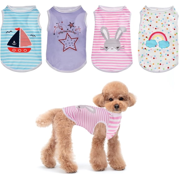 4Pcs Dog Cat Shirts Dog Polka Dot Vest Dog Stripe Sleeveless T-Shirt Pet Soft Vest Breathable Clothes for Small Medium Dog Puppy Kitten Cat M