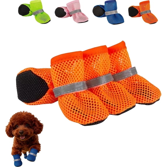 4Pcs Dog Shoes for Hot Pavement, Breathable Mesh Dog Boots with Anti-Slip Sole & Reflective Strap, Waterproof Paw Protectors for Pets Walking Running on Hot Pavement