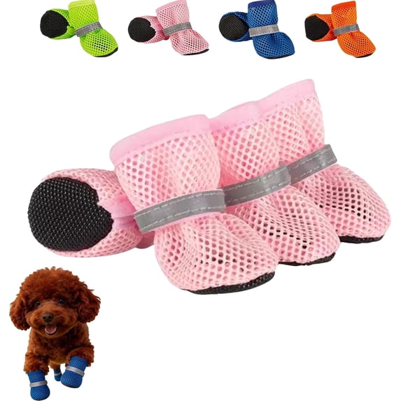 4Pcs Dog Shoes for Hot Pavement, Breathable Mesh Dog Boots with Anti-Slip Sole & Reflective Strap, Waterproof Paw Protectors for Pets Walking Running on Hot Pavement
