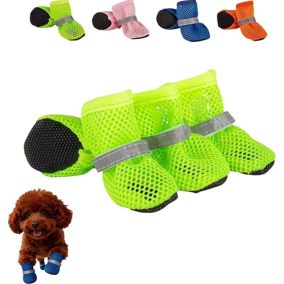 4Pcs Dog Shoes for Hot Pavement, Breathable Mesh Dog Boots with Anti-Slip Sole & Reflective Strap, Waterproof Paw Protectors for Pets Walking Running on Hot Pavement