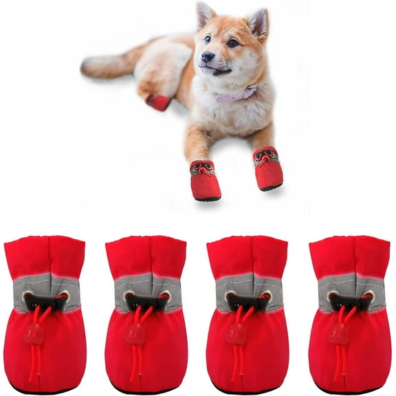 4Pcs Dog Shoes for Small Dogs, Anti-Slip Dogs Boots & Paw Protector for Winter Snowy Day, Summer Hot Pavement Dog Booties with Reflective Straps, Cat Dog Shoe for Indoor Hardfloors