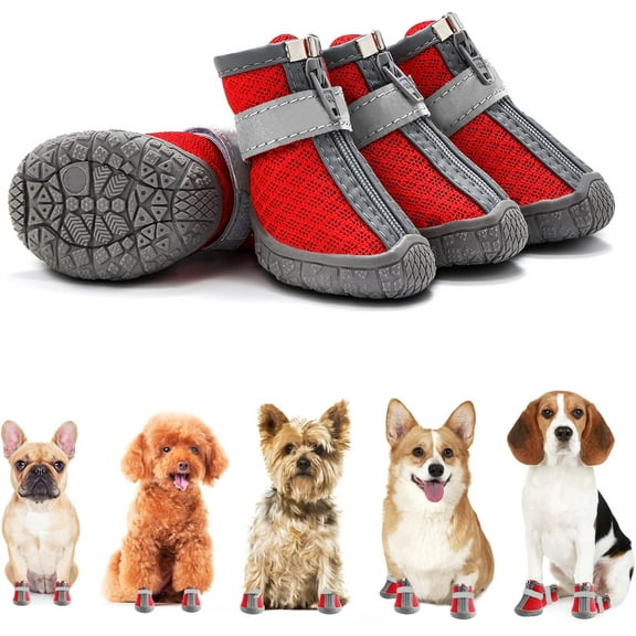 4Pcs Dog Shoes for Small Dogs, Waterproof Dog Boots Paw Protector for Hot Pavement Winter Snow, Dog Booties with Reflective Strips Anti-Slip Sole for Hardwood Floors Outdoor Walking