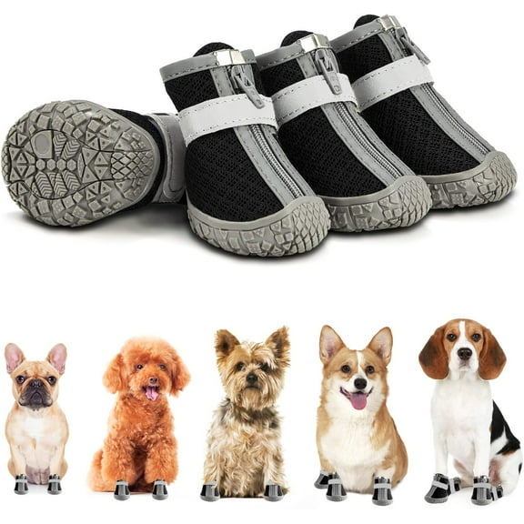4Pcs Dog Shoes for Small Dogs, Waterproof Dog Boots Paw Protector for Hot Pavement Winter Snow, Dog Booties with Reflective Strips Rugged Anti-Slip Sole for Hardwood Floors Outdoor Walking
