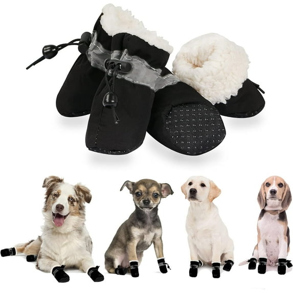 4Pcs Dog Shoes for Winter, Dog Boots & Paw Protectors, Fleece Warm Snow Booties for Puppy with Reflective Strip Anti-Slip Rubber Sole for Small Medium Size Dogs