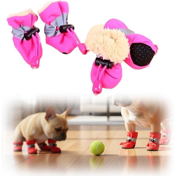 4Pcs Dog Shoes for Winter, Fleece Warm Dog Booties with Reflective Straps, Adjustable Paw Protectors, Anti-Slip Pet Shoes with Drawstring for Small Medium Size Dogs (Pink, 1.57"x1.18"（L*W）)