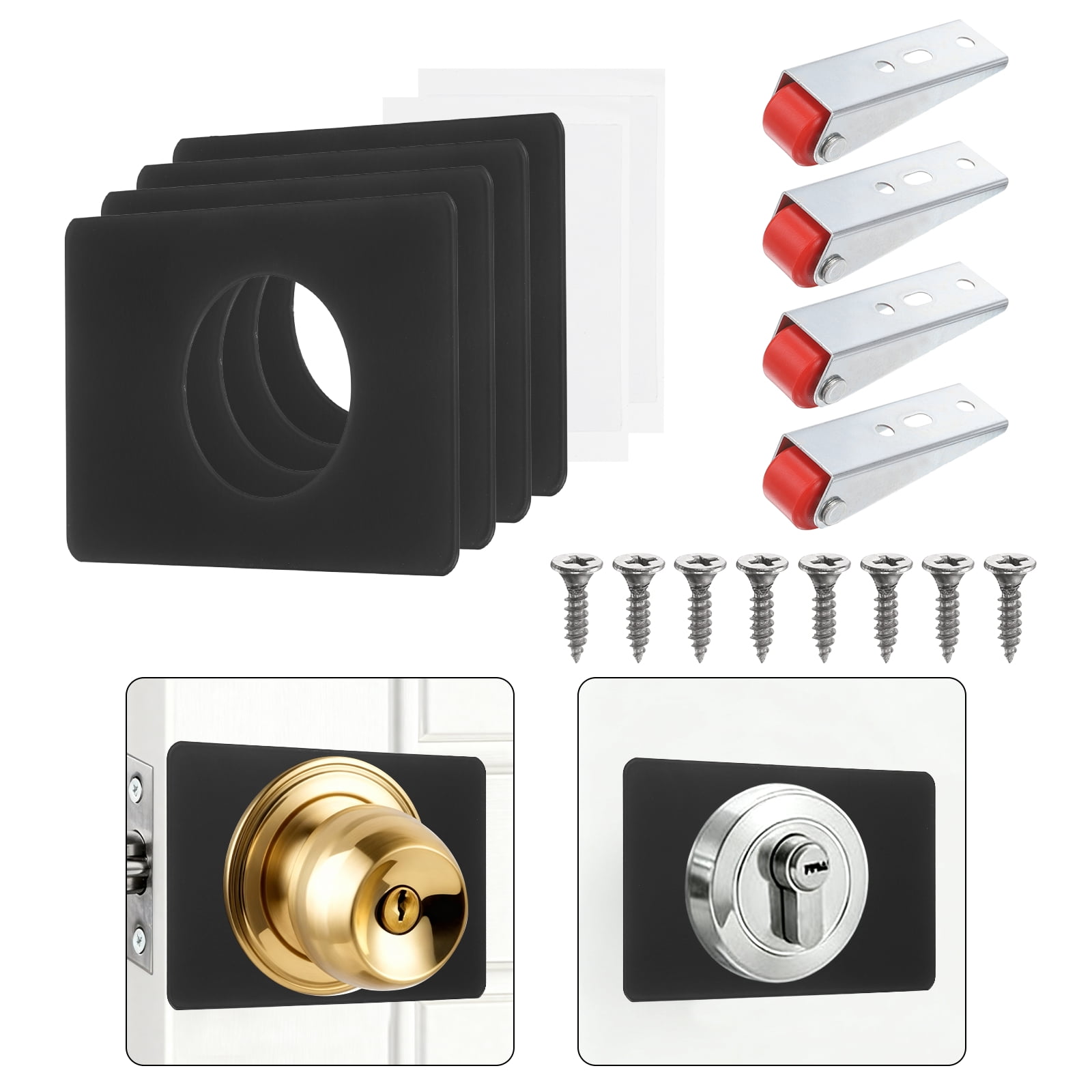 4Pcs Door Knob Plates Door Reinforcement Plate with Red Wheel, Black