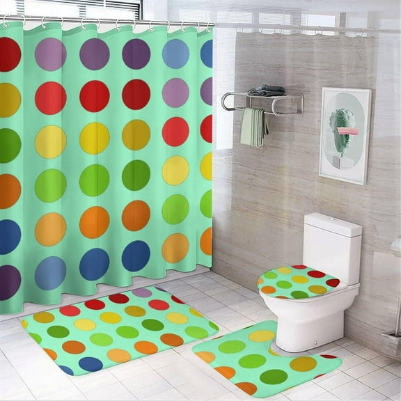 4Pcs Dott Mint Green Shower Curtain Sets, Bathroom Set Decor with Non-Slip Bath Mat, Toilet Lid Rug and Contour Mat, 72 x 72inch
