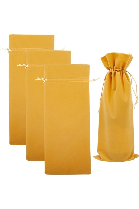 4Pcs Double Drawstring Wine Bottle Bags Velvet Wine Champagne Wrapping Bag Gold Reusable Gift Packing Pouches 14.76x5.98in for Birthday Dinner Wedding Party gold
