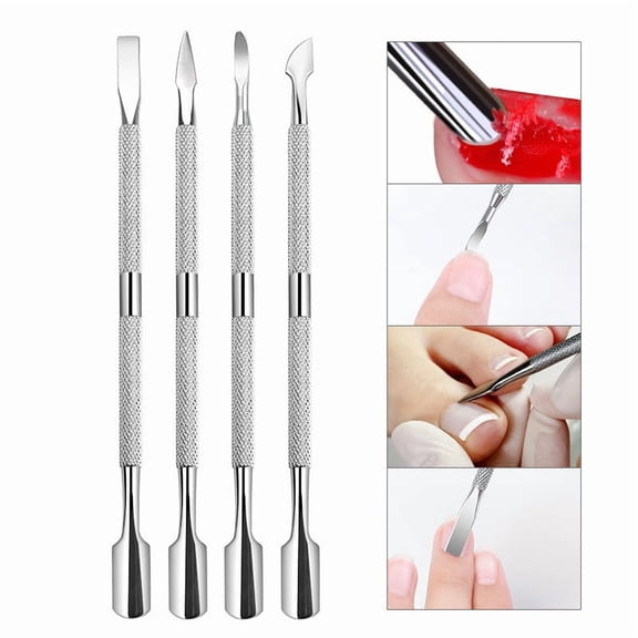 4Pcs Double Ended Stainless Steel Cuticle Pusher Set, Nail Dead Skin Remover & Gel Polish Scraper Tools, Ergonomic Non-Slip Grip for Home Salon Manicure Care