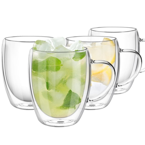 4Pcs Double Walled Glass Coffee Mugs with Handles, 12oz Clear Insulated Borosilicate Glass Cups for Hot Cold Beverages Microwave Safe