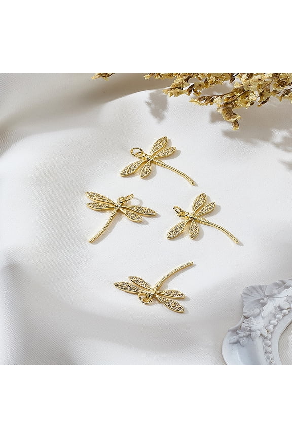 4Pcs Dragonfly Charms Brass Micro Pave Clear Cubic Zirconia Pendants with Jump Ring for Women DIY Necklace Bracelet Jewelry Making Keychain Purse