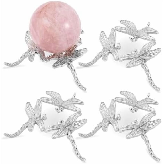 4Pcs Dragonfly Crystal Ball Stand Silver Globe Sphere Holder Lensball Base Globe Stone Display Rack Ornaments for Rocks Marbles Tennis Collections Table Desktop Home Decor