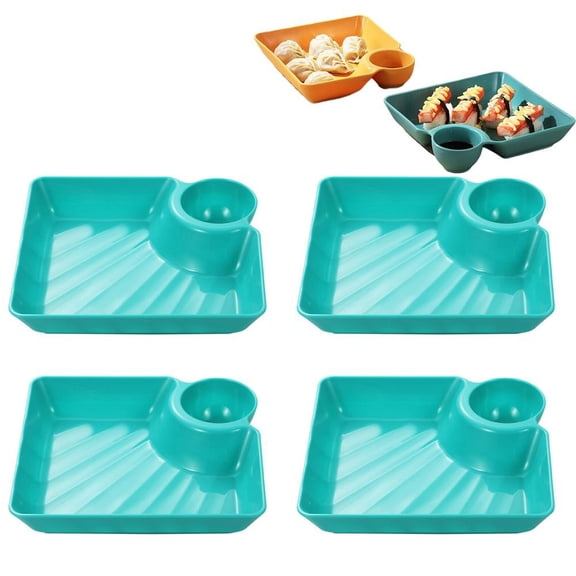 4Pcs Dumpling Plates with Sauce Compartment, Square 7.1" Serving Dish for Sushi & Chips, Unbreakable Appetizer Tray for Kids & Party, Microwave & Dishwasher Safe