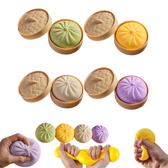4Pcs Dumpling Squishy Large with Steamer Box, Super Soft Giant Squishy Dumpling, Cute Dumpling Squishy, Large Stress Relief Squishys Dumplings for Everyone Anxiety Relief