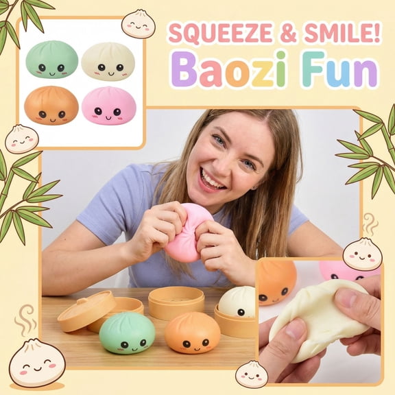 4Pcs Dumpling Squishy, Cute Squishy Dumpling Large, Squishy Dumpling Doll with Cute Expressions, Silicone Bun Sensory Fidget Dolls, Hand Pinching Decompression Dolls