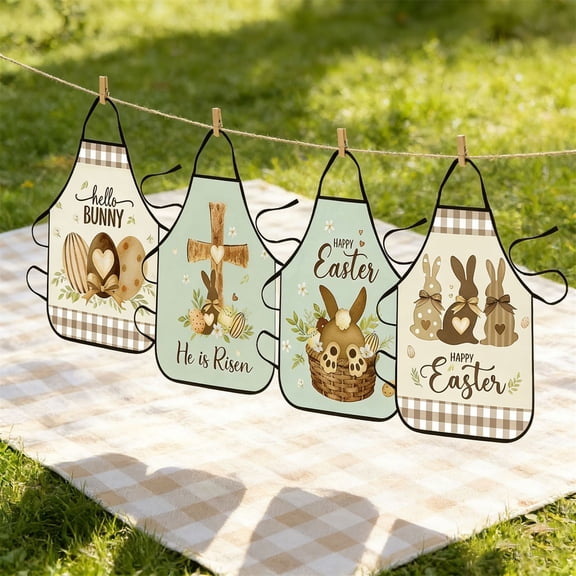 4Pcs Easter Aprons With Bunny Easter Egg Patterns, Stain-Resistant Fabric, Ideal For Spring Dinners Baking Barbecues & Holiday Gatherings