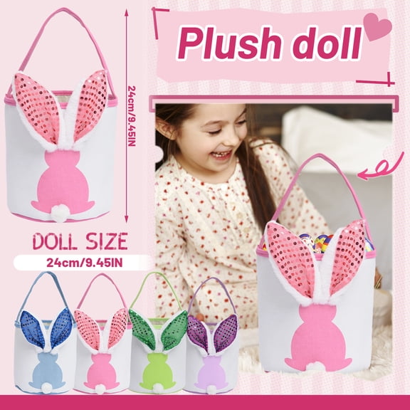 4Pcs Easter Bunny Baskets with LED Lights, Large Easter Egg Hunt for Canvas Basket Candy Tote Bag with Handles Decorations Party Supplies for Spring Egg Hunts Party Storage Multicolored