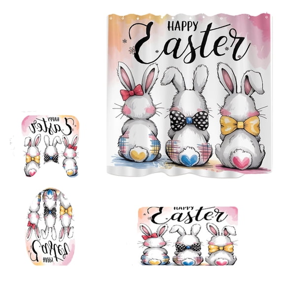 4Pcs Easter Bunny Themed Shower Curtain Sets, Bathroom Decor Shower Curtain and Rugs 4 Piece, Waterproof Bath Mat Carpet Toilet Bathroom Accessories