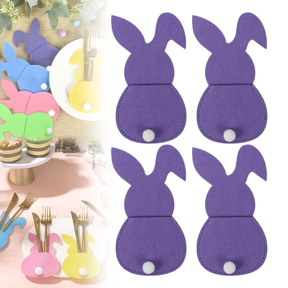 4Pcs Easter Bunny Utensil Cutlery Holders Pouch Bags Felt Silverware Holder Bag, Easter Bunny Cutlery Bags Rabbit Flatware Holder Tableware Utensil Storage Bags for Home Party,3.14*5.9Inch,Purple