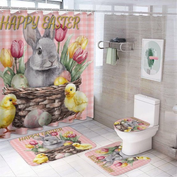 4Pcs Easter Chicks Bunny Shower Curtain Sets Bathroom Decor, Red Gingham Floral Eggs Shower Curtain with Non Slip Rug, Toilet Lid Cover, Bath Mat and 12 Hooks 72W x 72L