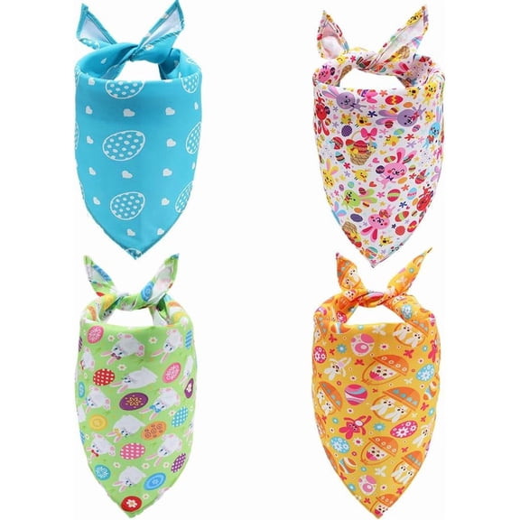 4Pcs Easter Dog Scarf Pet Bandanas Bulk Triangle Colorful Egg Rabbit Holiday Party Adjustable Durable Soft Polyester Fabric Pets Bibs Handkerchiefs for Small Medium Large Dog Pets Decor