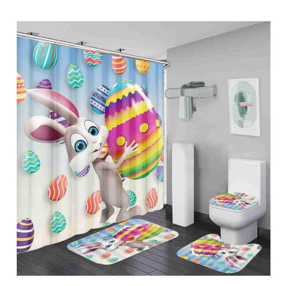 4Pcs Easter Shower Curtain Sets, Funny Rabbit Easter Eggs for Bathroom