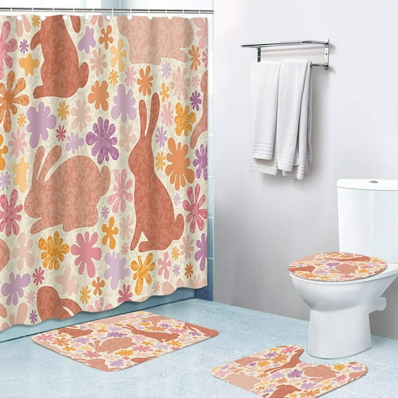 4Pcs Easter Shower Curtain Sets with Non-Slip Rugs Toilet Lid Cover and Bath Mat Bunny Easter Bathroom Curtain Decor Set with 12 Hooks Waterproof Shower Curtain Set for Bathroom