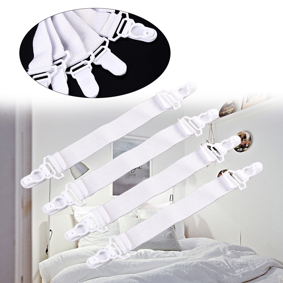 4Pcs Elastic White Adjustable Sheet Suspenders Heavy Duty Sheet Holder
