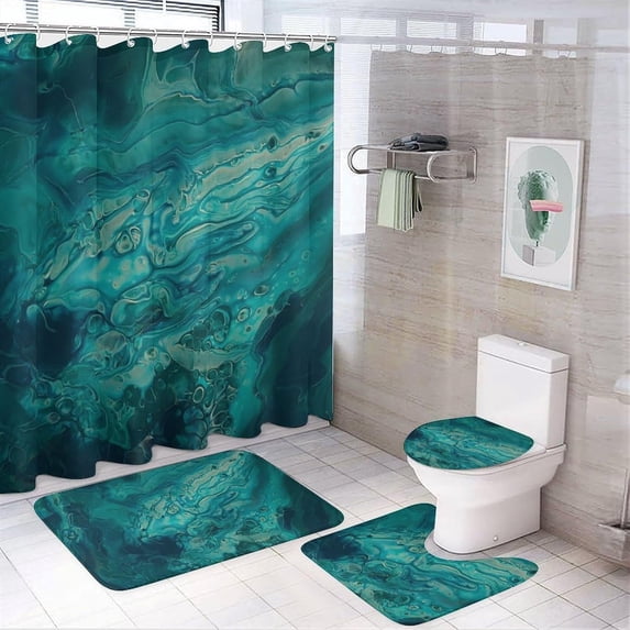 4Pcs Elegant Blush Pink Marble Gold Glitter Shower Curtain Sets, Bathroom Set Decor with Non-Slip Bath Mat, Toilet Lid Rug and Contour Mat, 72 x 72inch