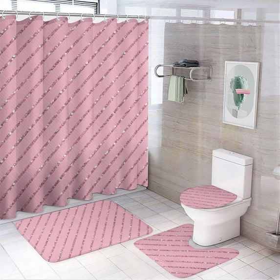4Pcs Elegant Clear Faux Gold Glitter Stripes Pattern Shower Curtain Sets, Bathroom Set Decor with Non-Slip Bath Mat, Toilet Lid Rug and Contour Mat, 72 x 72inch