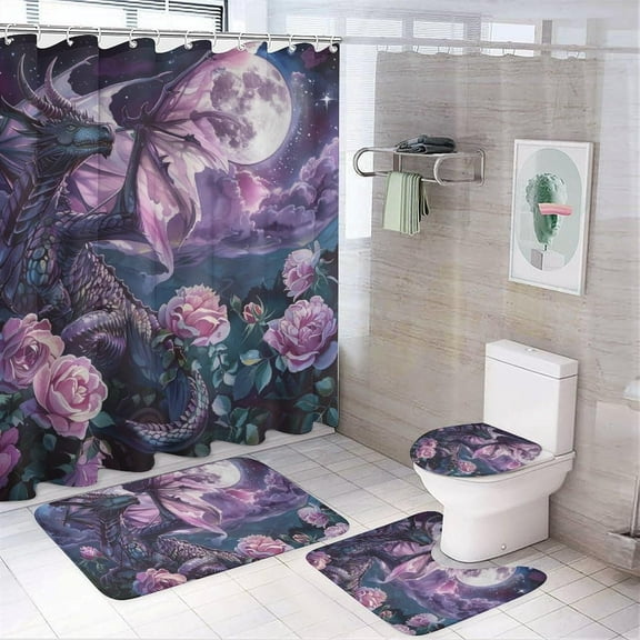 4Pcs Elegant Dragon Shower Curtain Set with Rugs, Toilet Lid Cover and Bath Mat, Golden Moon Forest Tree Animal Peony Bathroom Curtains Decor Shower Curtains, 72" x 72"
