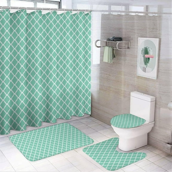 4Pcs Elegant Mint Green Quatrefoil Shower Curtain Sets, Bathroom Set Decor with Non-Slip Bath Mat, Toilet Lid Rug and Contour Mat, 72 x 72inch