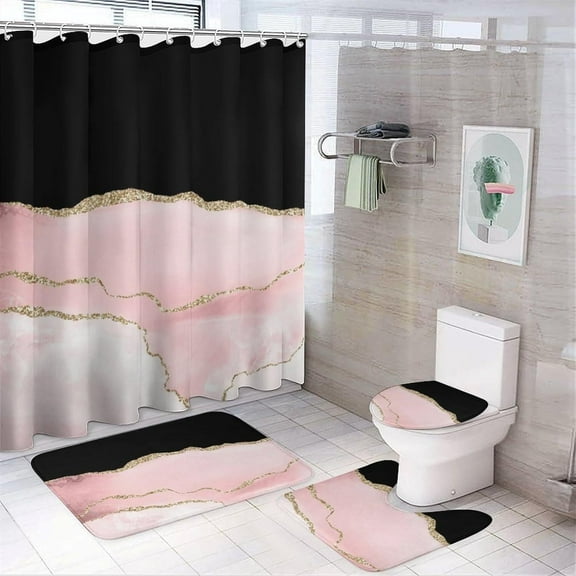 4Pcs Elegant Pink & Gold Shower Curtain Sets, Bathroom Set Decor with Non-Slip Bath Mat, Toilet Lid Rug and Contour Mat, 72 x 72inch