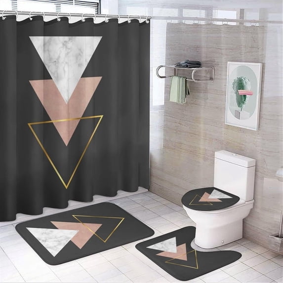 4Pcs Elegant Pink & Gold Shower Curtain Sets, Bathroom Set Decor with Non-Slip Bath Mat, Toilet Lid Rug and Contour Mat, 72 x 72inch