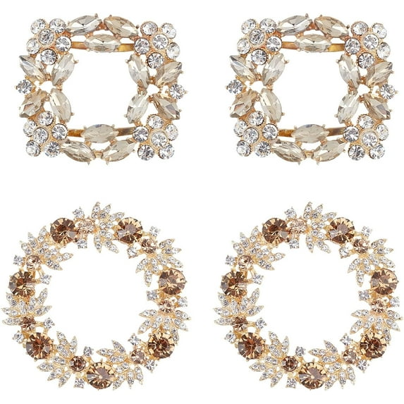 4Pcs Elegant Rhinestone Crystal Metal Shoe Clips (Round & Square Light Gold) Bridal Flower Shoe Buckles