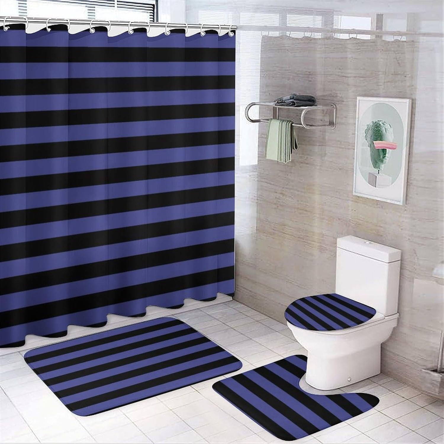 4Pcs Elegant Wine Red Black Striped Pattern Shower Curtain Sets