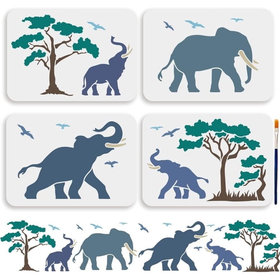 4Pcs Elephant Jungle Template A4 Size Reusable Stencil Elephant Tree Bird Template 11.7x8.3inchs Tree Animal Theme PET Painting Template for Wall Home Decor DIY Craft Canvas