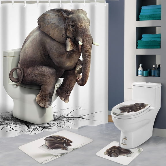 4Pcs Elephant Shower Curtain Bathroom Rug Bath Mat Non-Slip Toilet Lid Cover Set